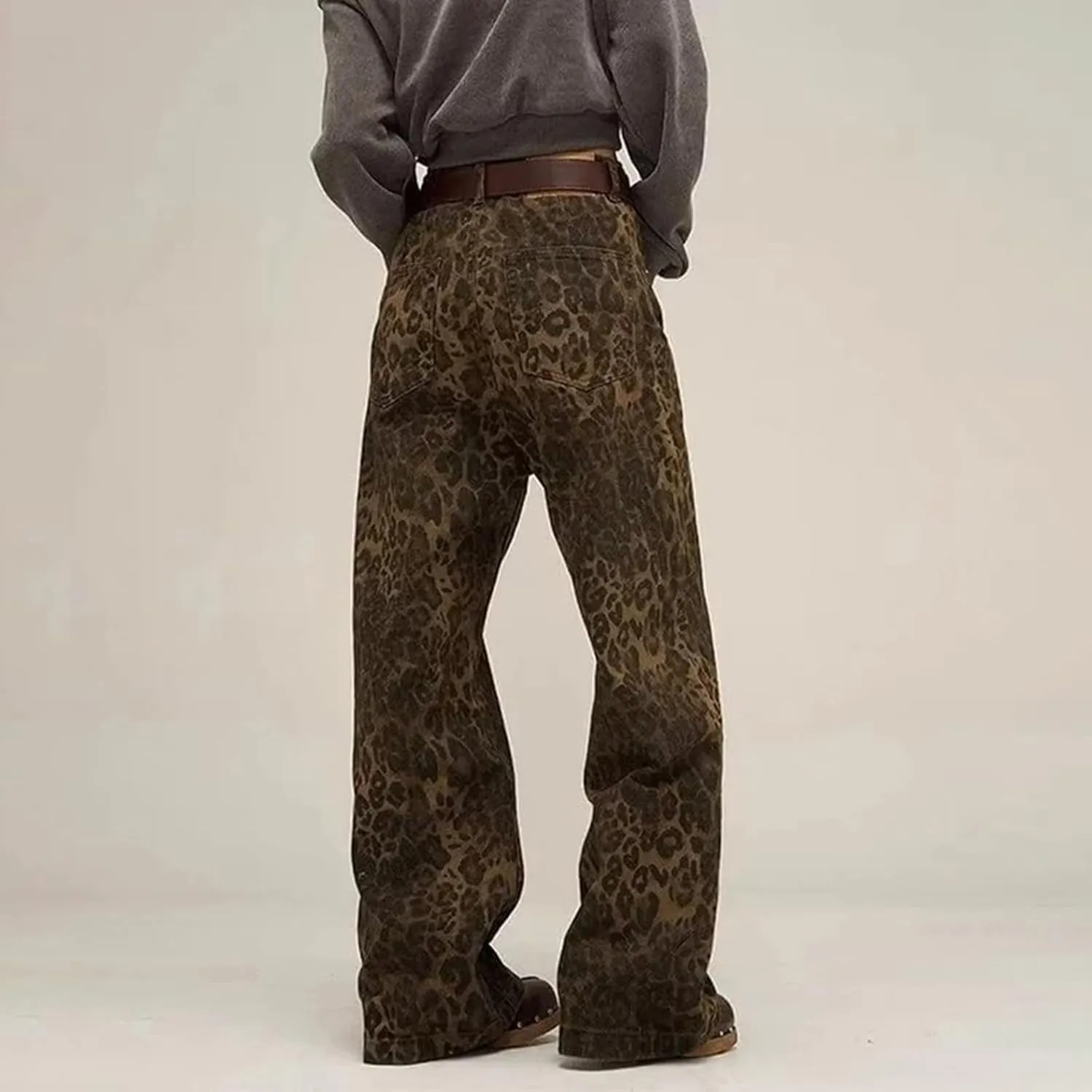 Jeans for Women Trendy Casual High Waist Wide Leg Jeans Vintage Leopard Printed Straight Leg Pants Boyfried Denim Pants