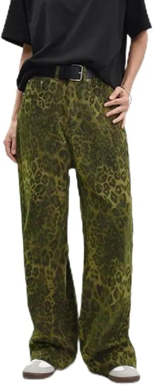 Jeans for Women Trendy Casual High Waist Wide Leg Jeans Vintage Leopard Printed Straight Leg Pants Boyfried Denim Pants