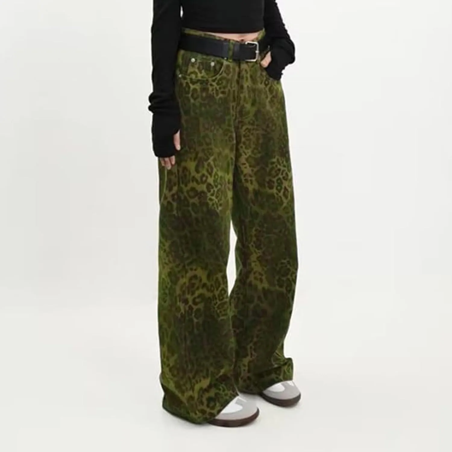 Jeans for Women Trendy Casual High Waist Wide Leg Jeans Vintage Leopard Printed Straight Leg Pants Boyfried Denim Pants