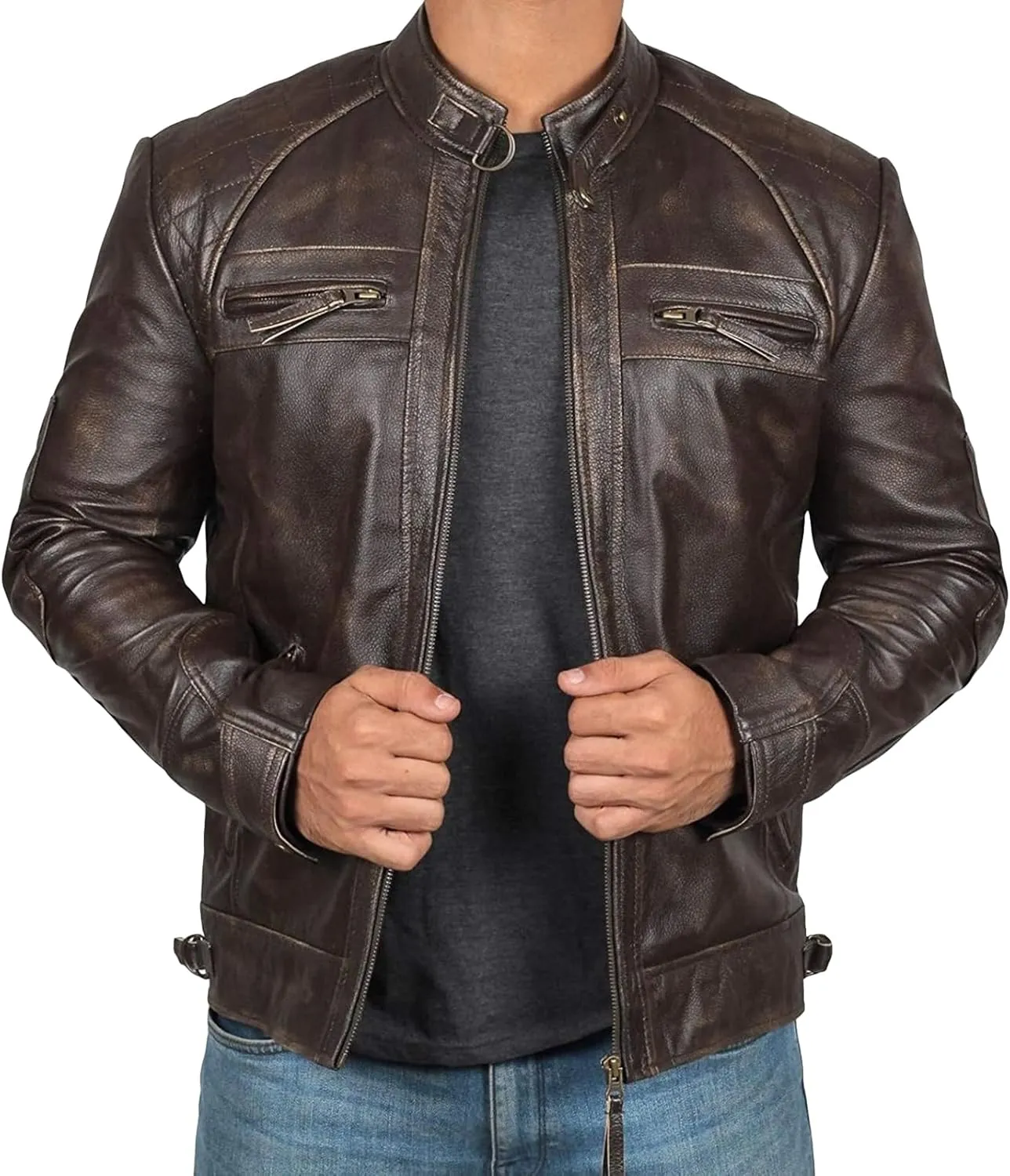 JEsilunmaMY Mens Distressed Punk Leather Jacket Vintage Stand Collar Motorcycle Bomber Jacket Casual Sport Moto Biker Coat