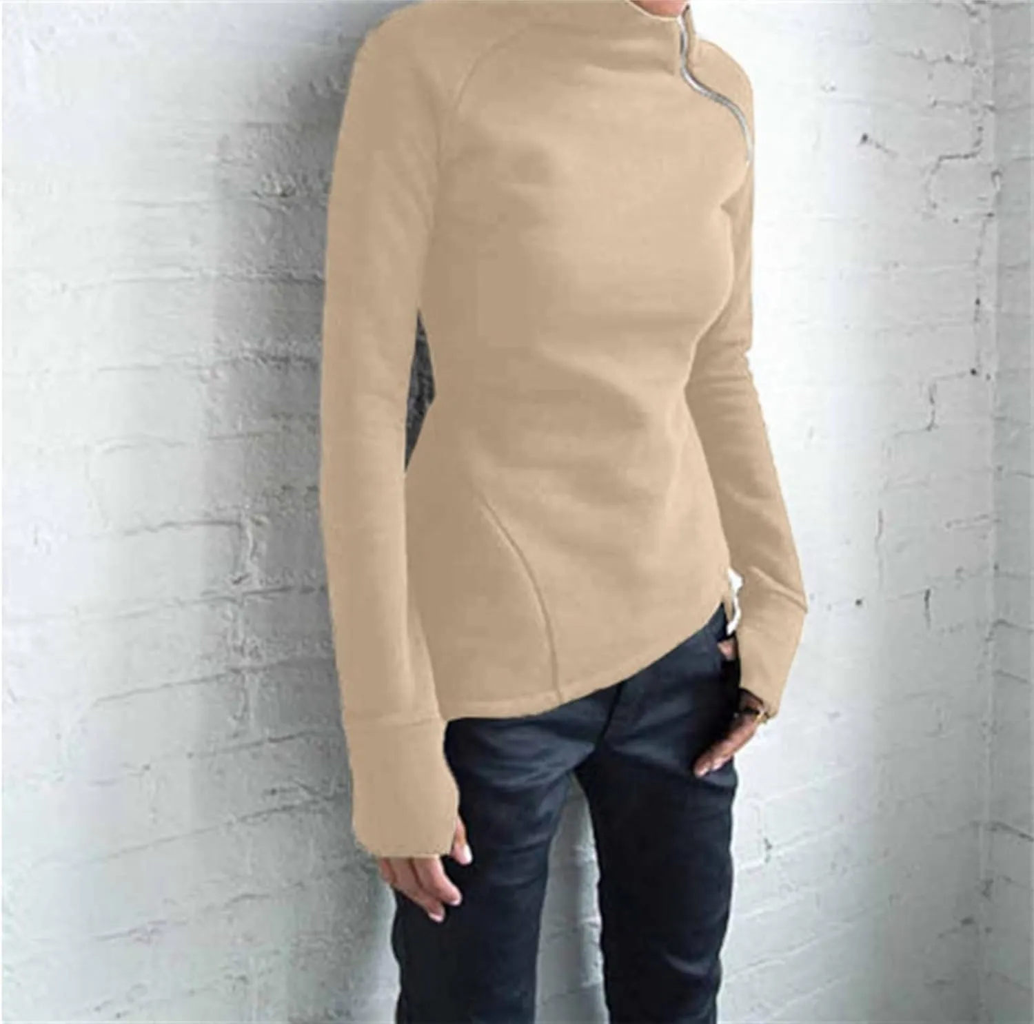 JEsilunmaMY Slim Fit Turtleneck Sweatshirt for Women Zip Irregular Hem Pullover with Thumb Hole Casual Mock Neck Sweater Tops