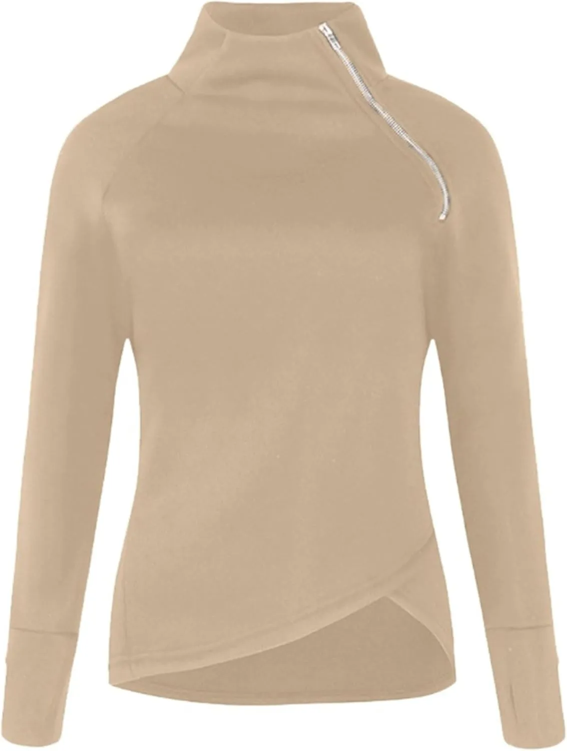 JEsilunmaMY Slim Fit Turtleneck Sweatshirt for Women Zip Irregular Hem Pullover with Thumb Hole Casual Mock Neck Sweater Tops