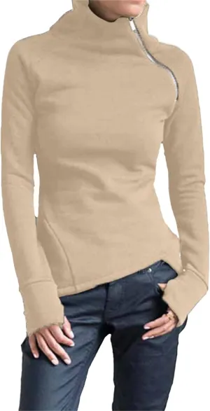 JEsilunmaMY Slim Fit Turtleneck Sweatshirt for Women Zip Irregular Hem Pullover with Thumb Hole Casual Mock Neck Sweater Tops