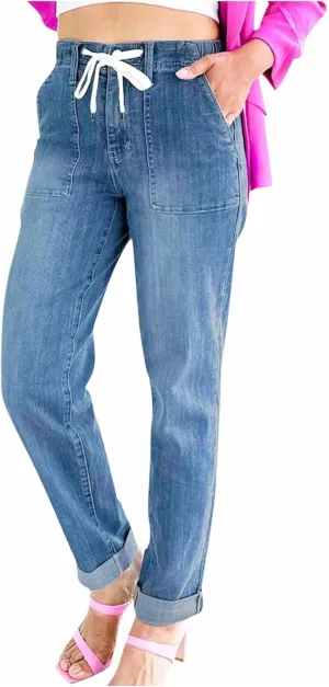 jsaierl Womens Casual Pull-on Distressed Stretch Jeans Elastic Waist Jean Denim Joggers Pants High Waist Drawstring Jeans
