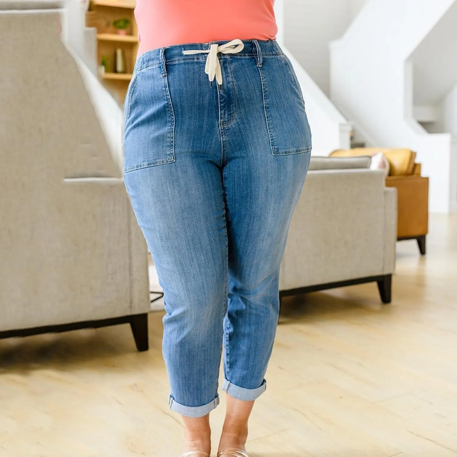jsaierl Womens Casual Pull-on Distressed Stretch Jeans Elastic Waist Jean Denim Joggers Pants High Waist Drawstring Jeans