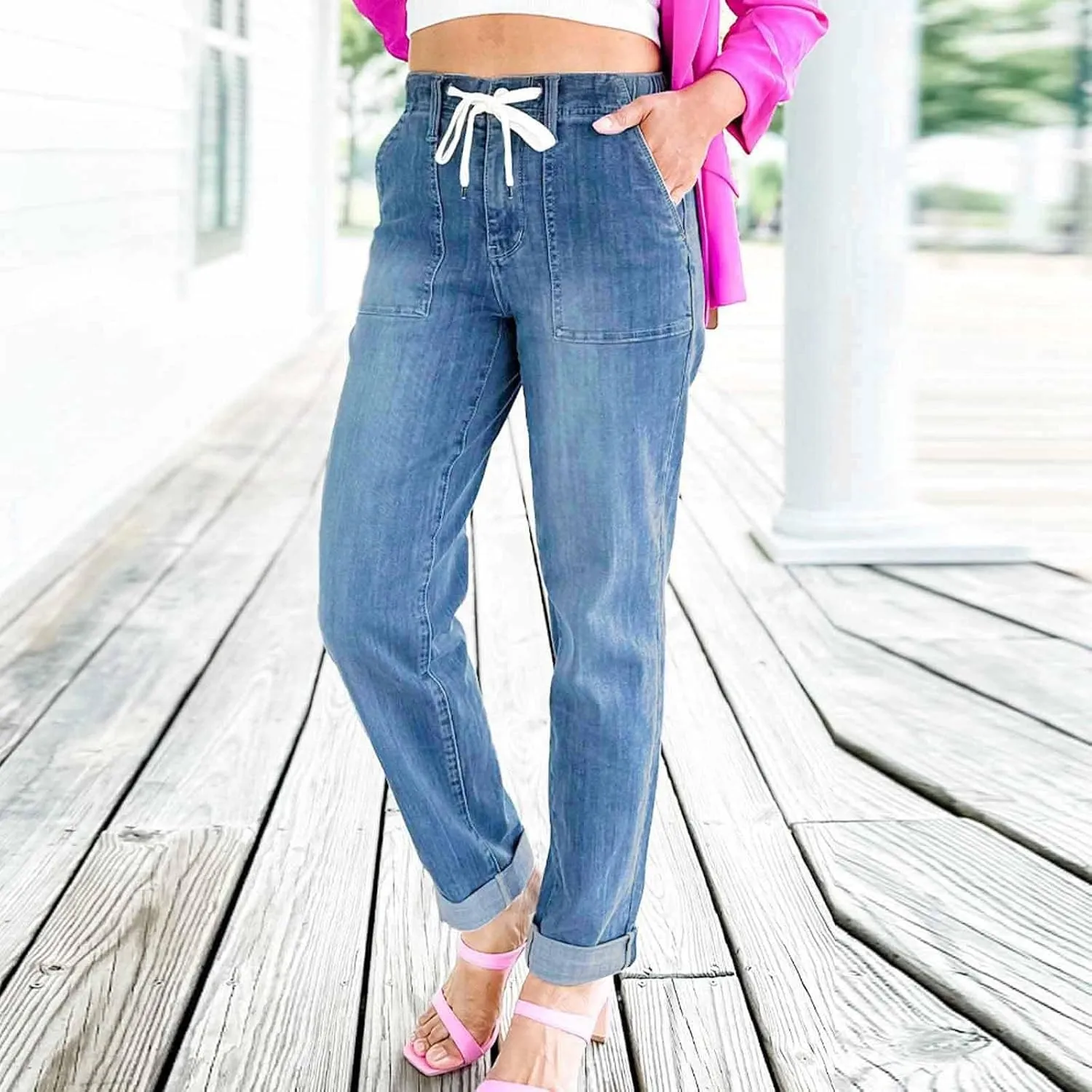 jsaierl Womens Casual Pull-on Distressed Stretch Jeans Elastic Waist Jean Denim Joggers Pants High Waist Drawstring Jeans