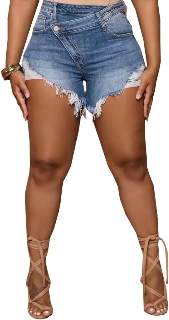 JTNFairy Women Casual High Waisted Denim Shorts Frayed Raw Hem Ripped Jeans Shorts
