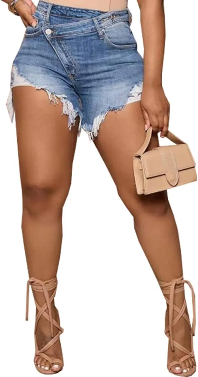 JTNFairy Women Casual High Waisted Denim Shorts Frayed Raw Hem Ripped Jeans Shorts