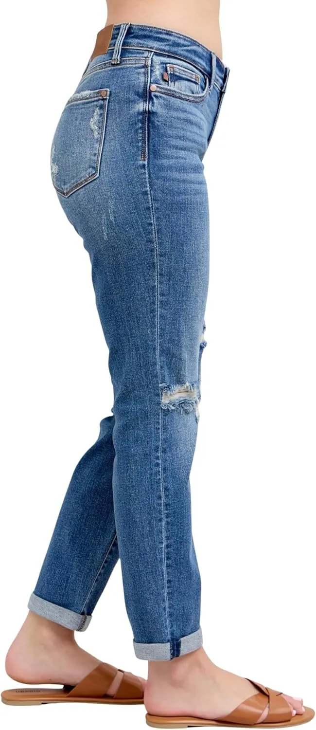 Judy Blue Women's Mid-Rise Vintage Wash Cuffed Destroyed Boyfriend Jeans