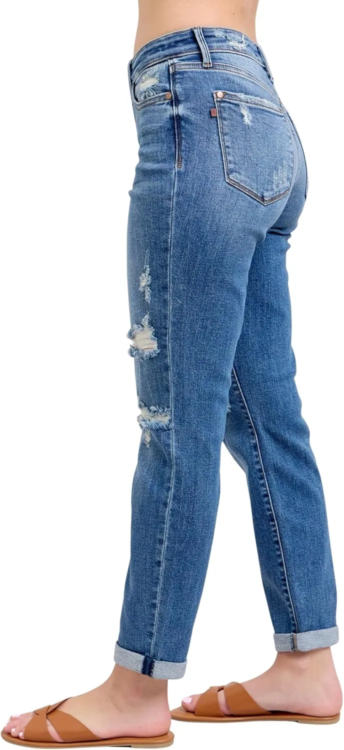 Judy Blue Women's Mid-Rise Vintage Wash Cuffed Destroyed Boyfriend Jeans