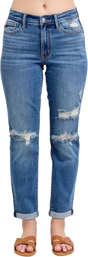 Judy Blue Women's Mid-Rise Vintage Wash Cuffed Destroyed Boyfriend Jeans
