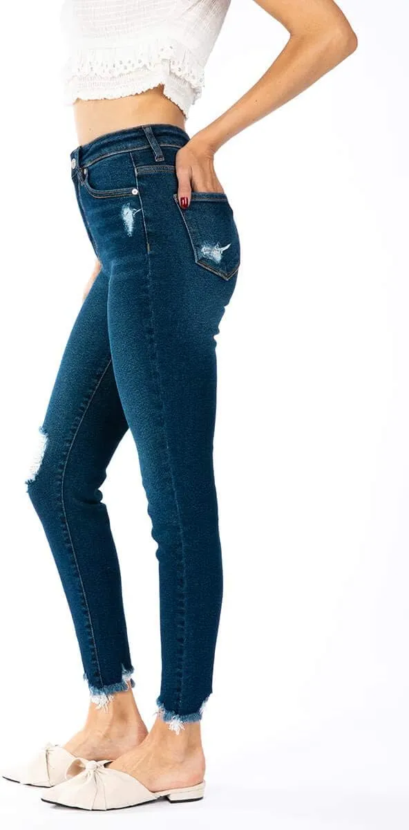 Kan Can Women's Super High Rise Distressed Ankle Skinny Jeans