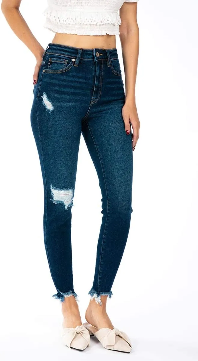 Kan Can Women's Super High Rise Distressed Ankle Skinny Jeans