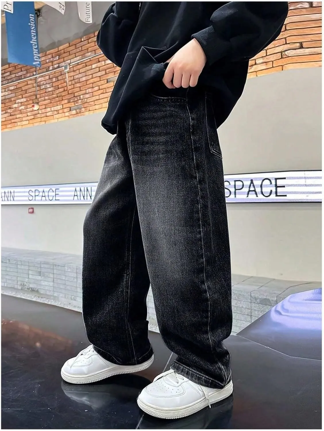Kids Teen Boys Baggy Jeans Casual Straight Wide Leg Jeans Y2K Loose Elastic Waist Denim Pants Trousers with Pockets