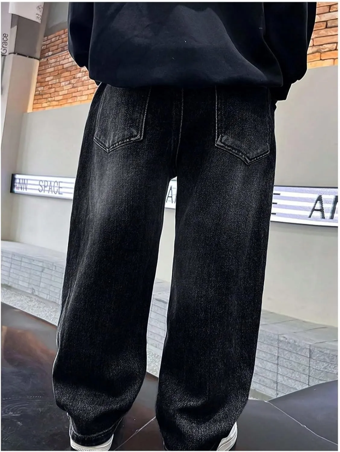 Kids Teen Boys Baggy Jeans Casual Straight Wide Leg Jeans Y2K Loose Elastic Waist Denim Pants Trousers with Pockets