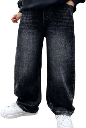 Kids Teen Boys Baggy Jeans Casual Straight Wide Leg Jeans Y2K Loose Elastic Waist Denim Pants Trousers with Pockets