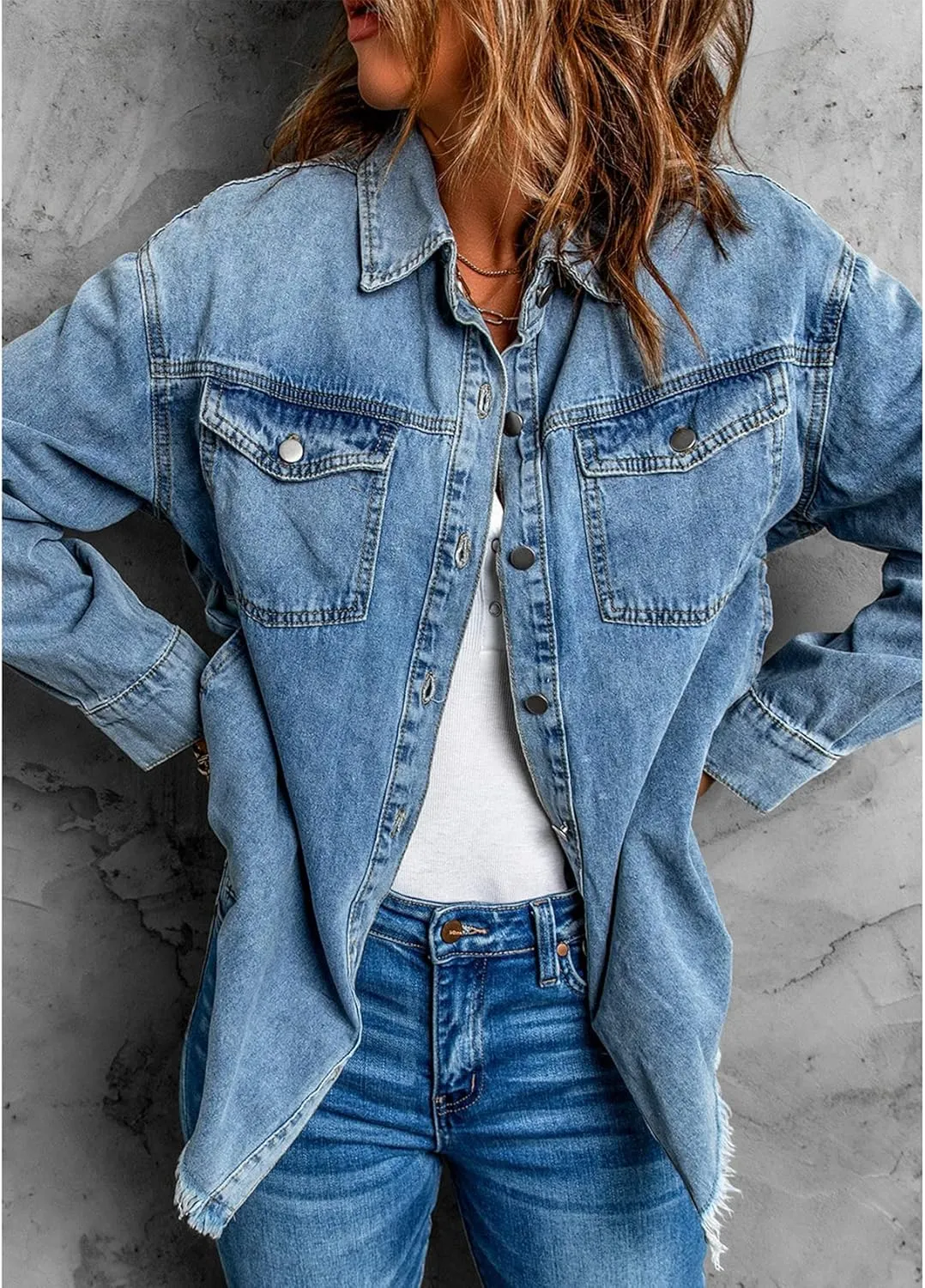 Kissonic Women's Distressed Oversized Button Up Frayed Hem Trucker Denim Jean Shirt Jacket