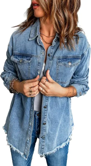 Kissonic Women's Distressed Oversized Button Up Frayed Hem Trucker Denim Jean Shirt Jacket