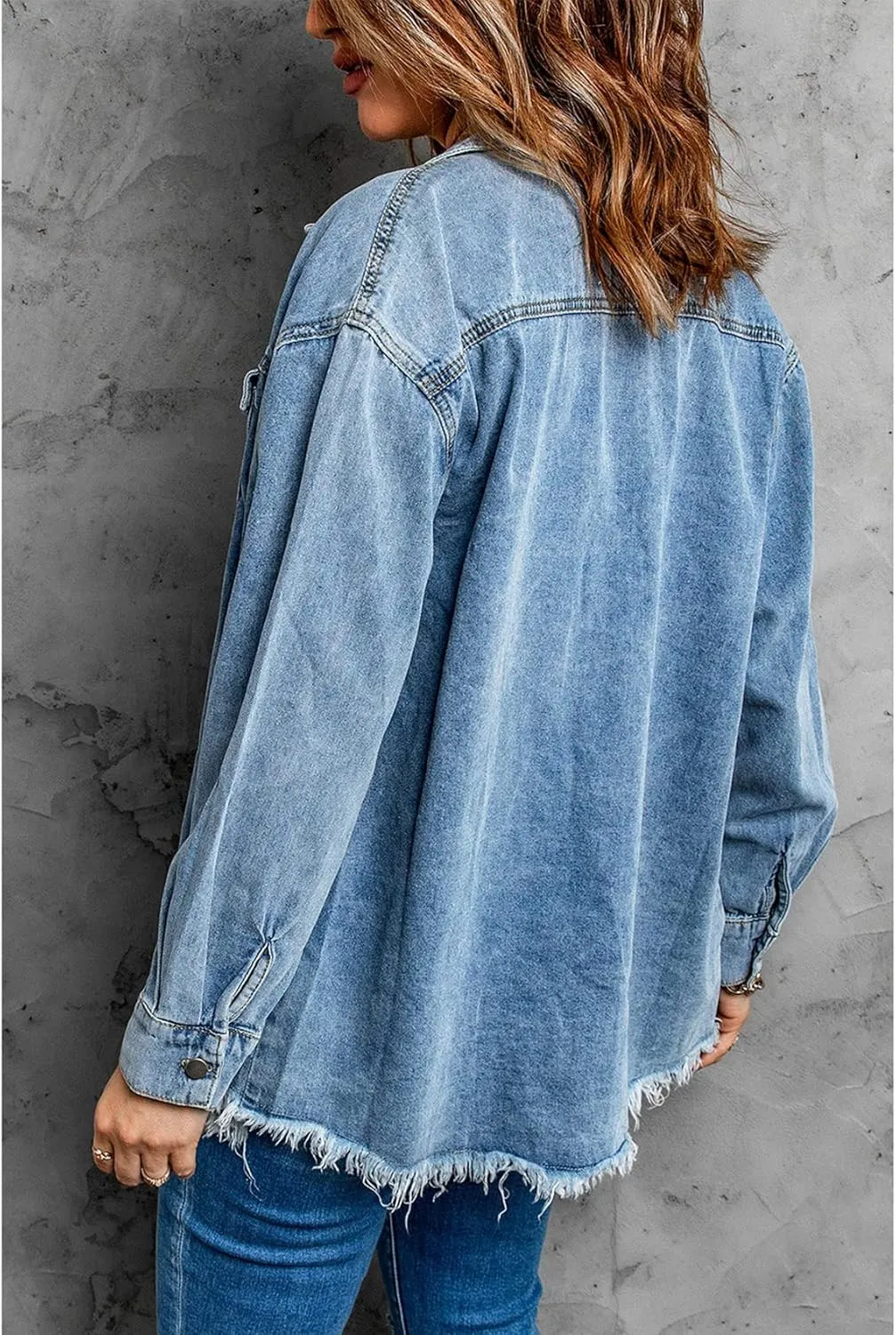 Kissonic Women's Distressed Oversized Button Up Frayed Hem Trucker Denim Jean Shirt Jacket