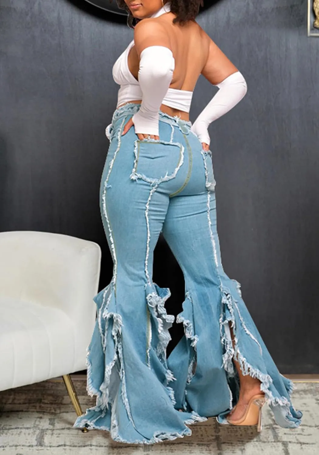 LAJIOJIO Bell BottomJeans for Women Distressed Ripped Y2K High Waisted Frayed Slit Tassel Hem Flared Denim Pants