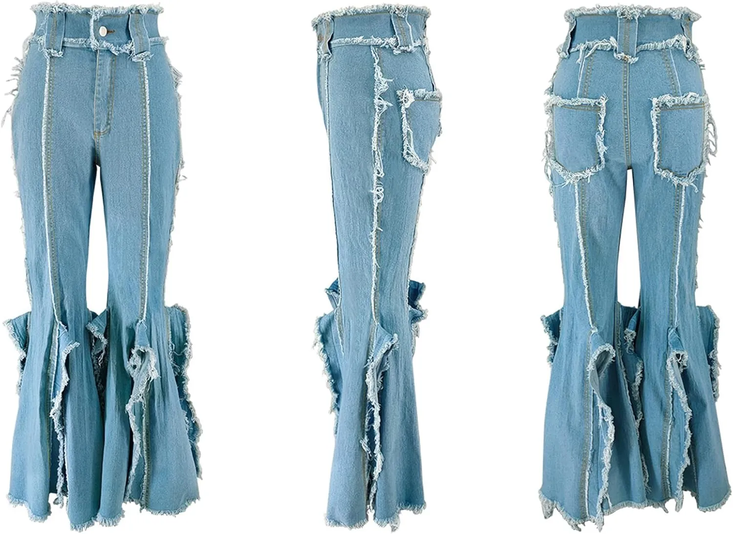 LAJIOJIO Bell BottomJeans for Women Distressed Ripped Y2K High Waisted Frayed Slit Tassel Hem Flared Denim Pants