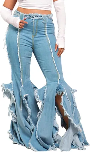 LAJIOJIO Bell BottomJeans for Women Distressed Ripped Y2K High Waisted Frayed Slit Tassel Hem Flared Denim Pants