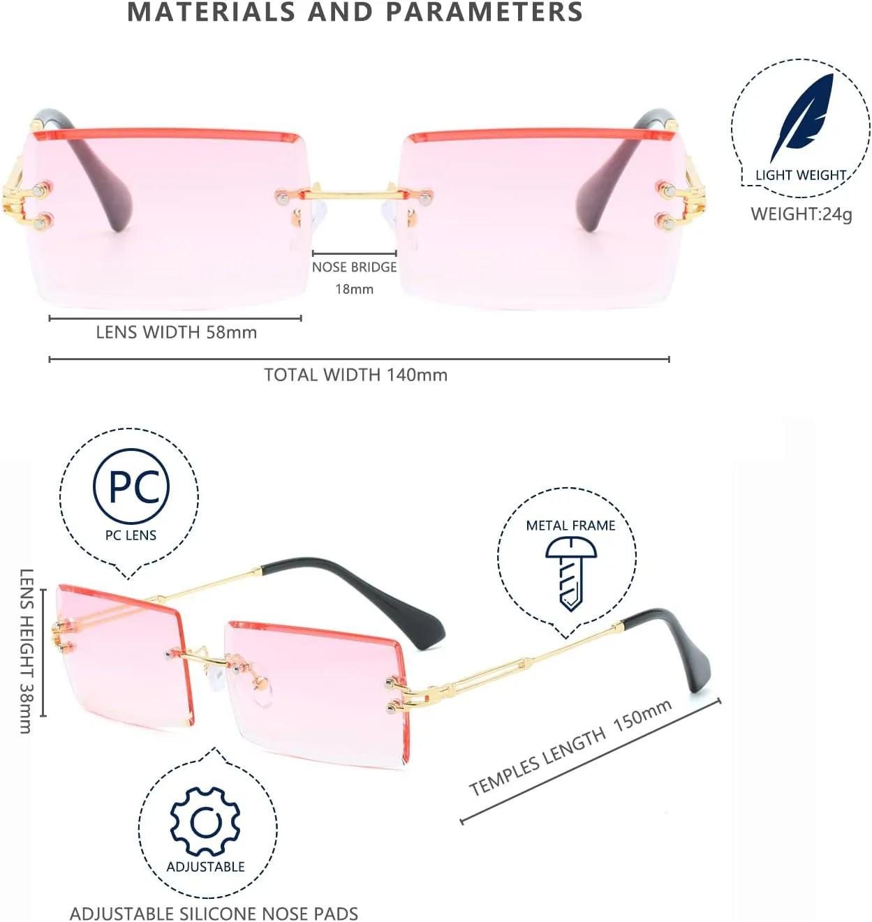 LASPOR 2 Pack Rectangle Rimless Sunglasses for Men Women Vintage Retro Square Gold Metal Frameless Glasses Tinted Lens