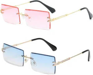LASPOR 2 Pack Rectangle Rimless Sunglasses for Men Women Vintage Retro Square Gold Metal Frameless Glasses Tinted Lens