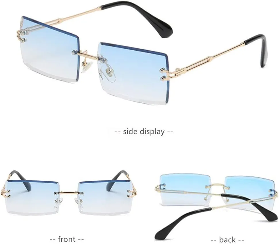 LASPOR 2 Pack Rectangle Rimless Sunglasses for Men Women Vintage Retro Square Gold Metal Frameless Glasses Tinted Lens