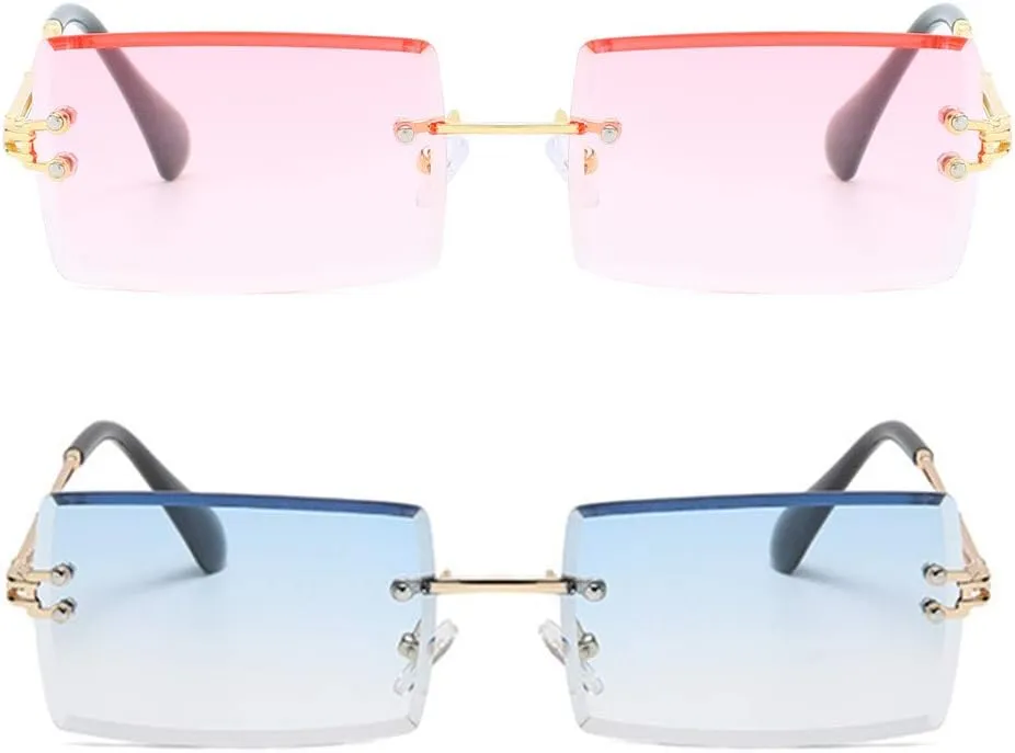 LASPOR 2 Pack Rectangle Rimless Sunglasses for Men Women Vintage Retro Square Gold Metal Frameless Glasses Tinted Lens