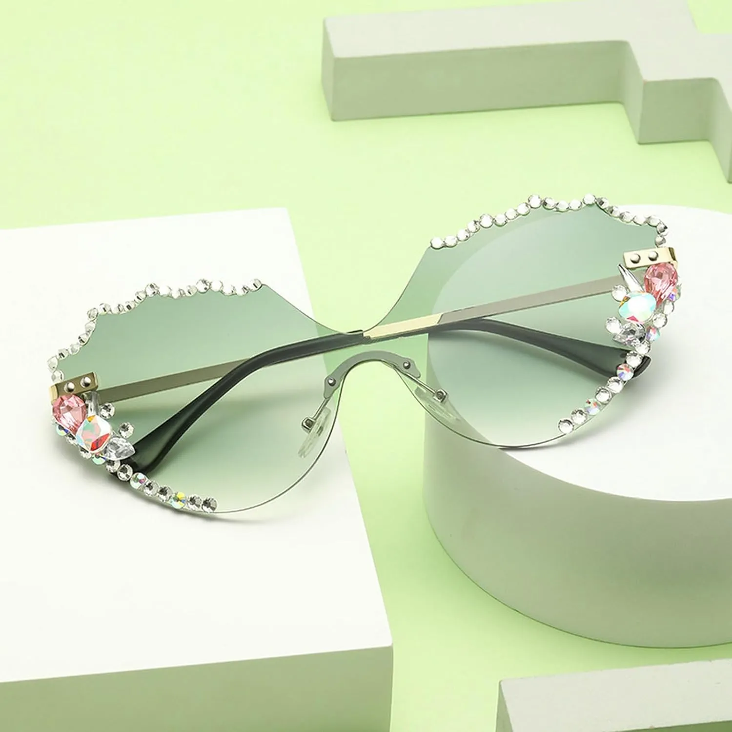 laureles Vintage Rimless Rhinestone Sunglasses Women Bling Fashion Cat Eye Sun Glasses Men Shades for Female