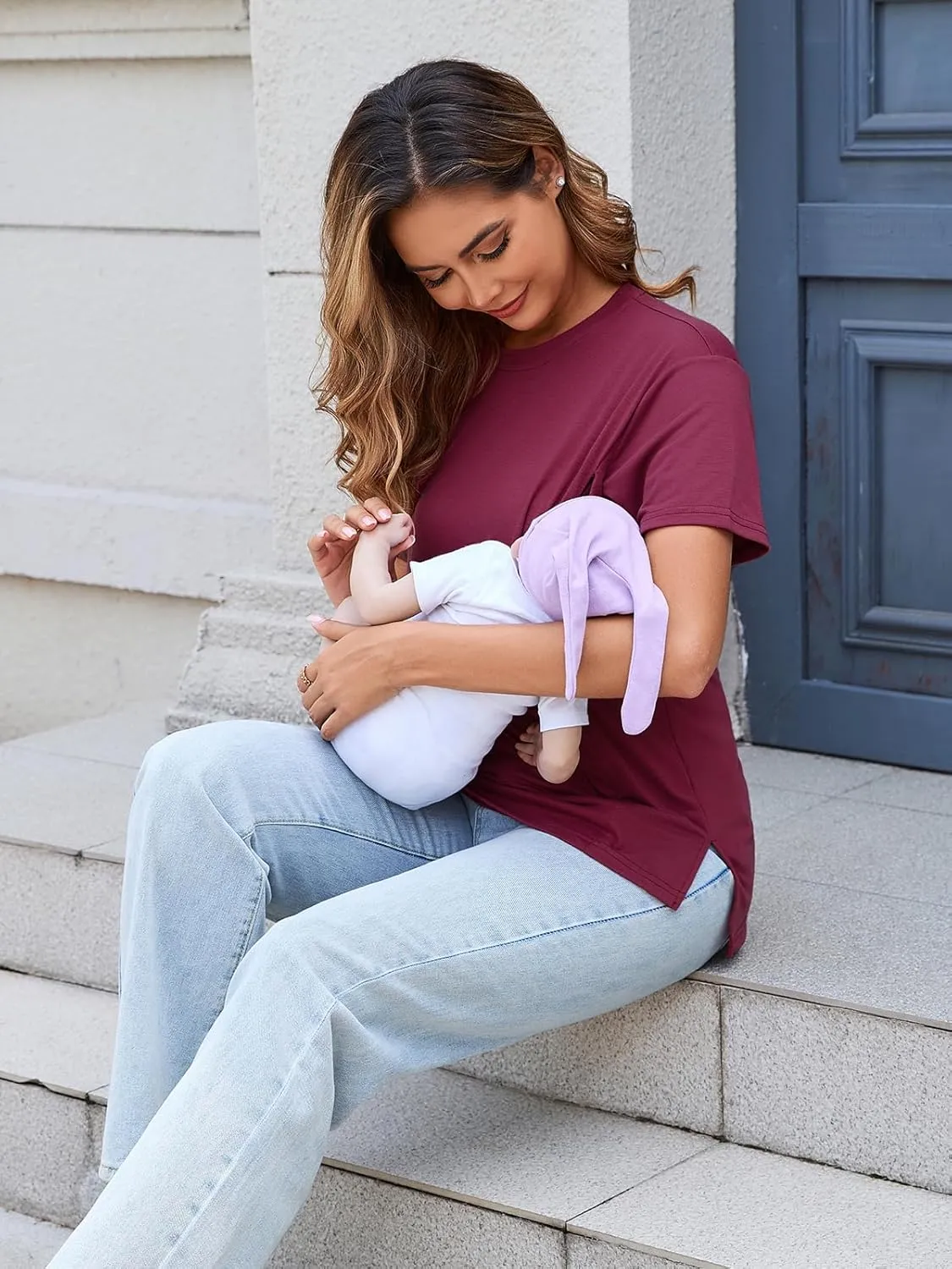 Liu & Qu Breastfeeding Shirts for Women 3 Pack Hidden Zipper Nursing Tops Side Split Postpartum Clothes