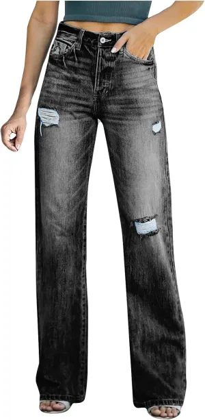 LIUguoo Women High Waisted Stretch Denim Pants Women's Ripped Distressed Jeans Boyfriend Casual Baggy Straight Wide Leg Jeans Black
