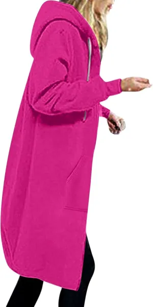 Longline Zip Up Hoodies for Women Casual Fleece Long Sweatshirt Jacket Warm Hooded Coats Winter Fall Outerwear