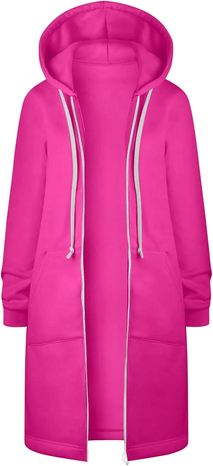 Longline Zip Up Hoodies for Women Casual Fleece Long Sweatshirt Jacket Warm Hooded Coats Winter Fall Outerwear