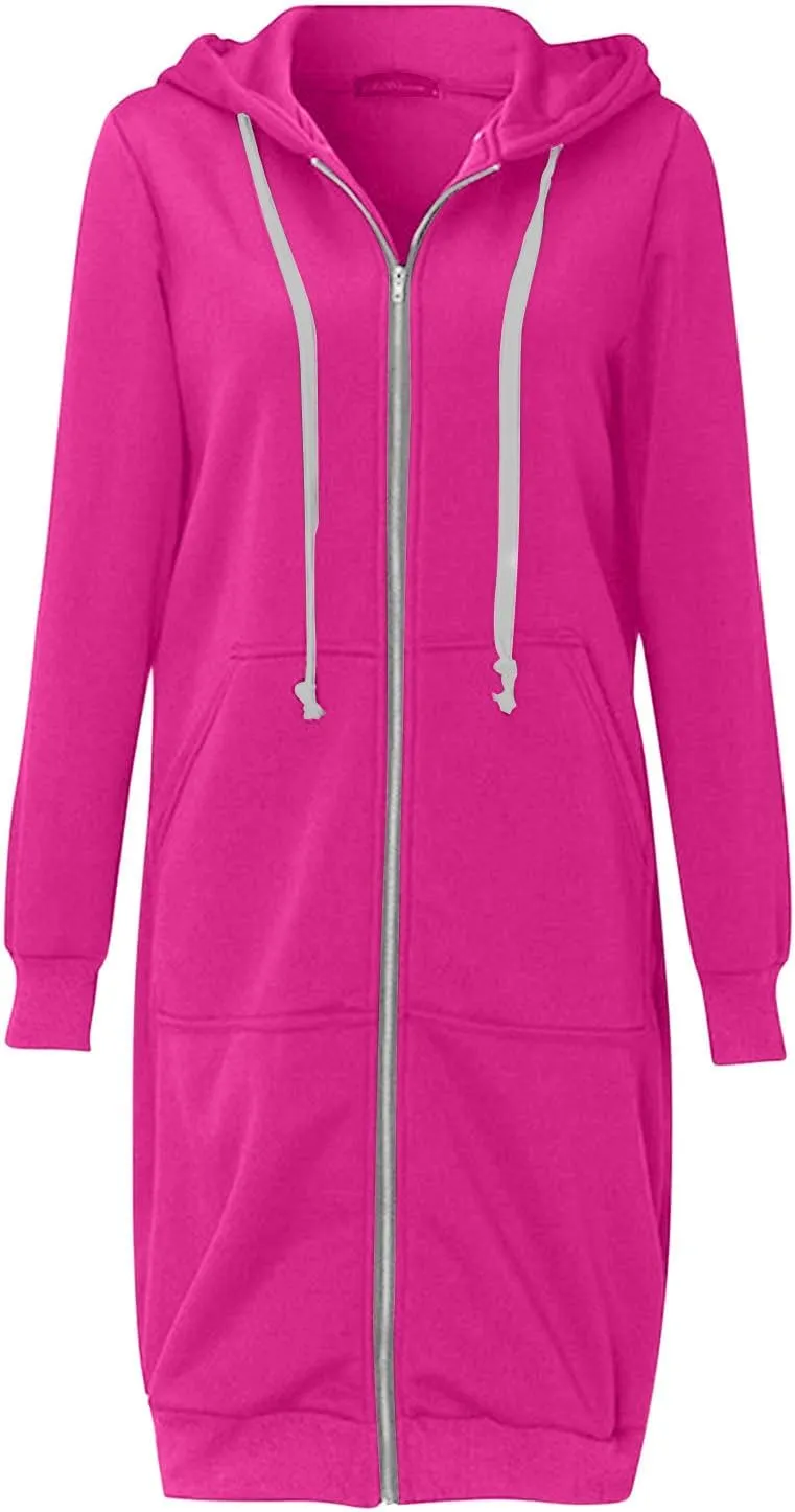 Longline Zip Up Hoodies for Women Casual Fleece Long Sweatshirt Jacket Warm Hooded Coats Winter Fall Outerwear