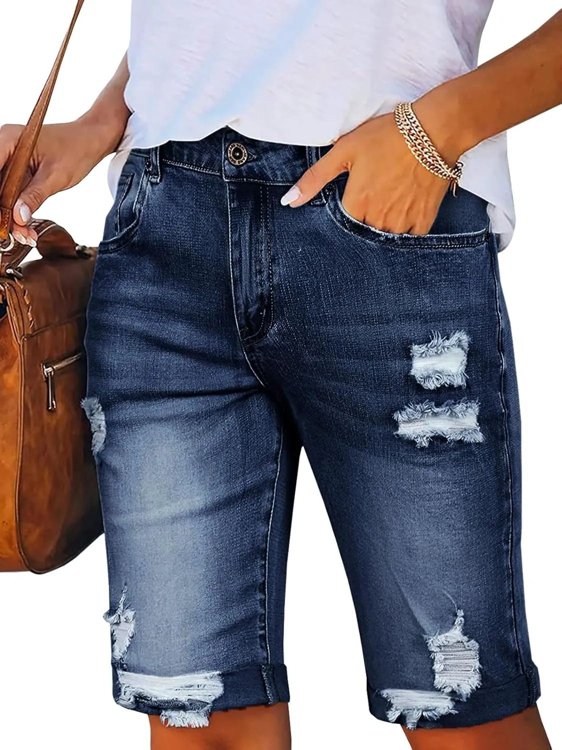 LONGYIDA 2025 Denim Bermuda Shorts for Women Stretch Distressed Cuffed Hem Jeans Short with Pockets