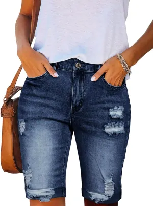 LONGYIDA 2025 Denim Bermuda Shorts for Women Stretch Distressed Cuffed Hem Jeans Short with Pockets