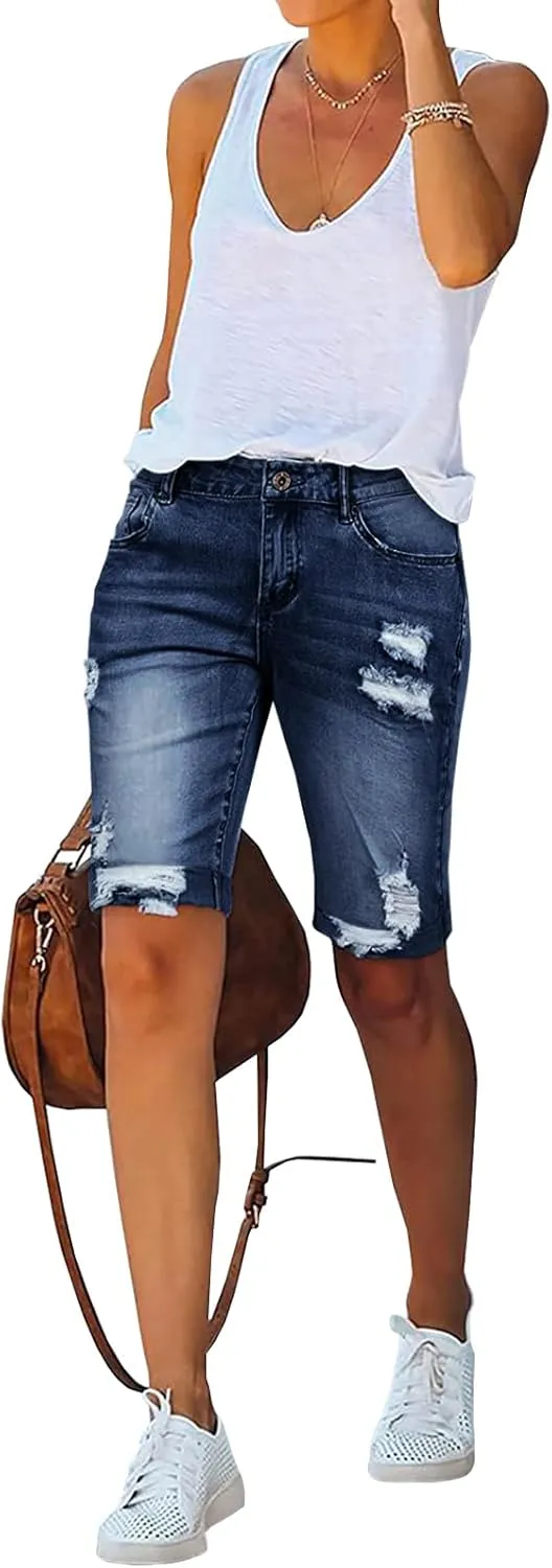 LONGYIDA 2025 Denim Bermuda Shorts for Women Stretch Distressed Cuffed Hem Jeans Short with Pockets