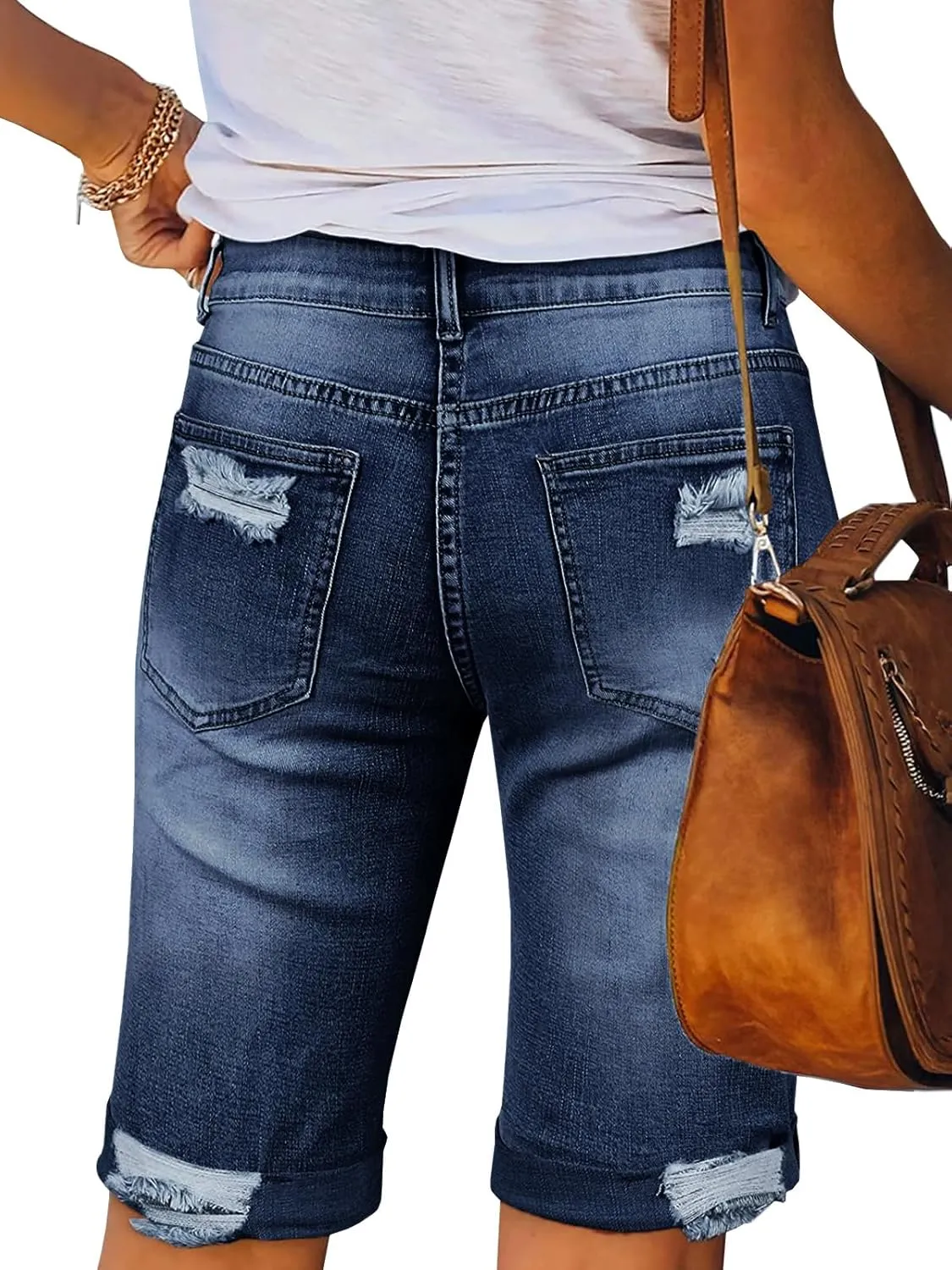 LONGYIDA 2025 Denim Bermuda Shorts for Women Stretch Distressed Cuffed Hem Jeans Short with Pockets