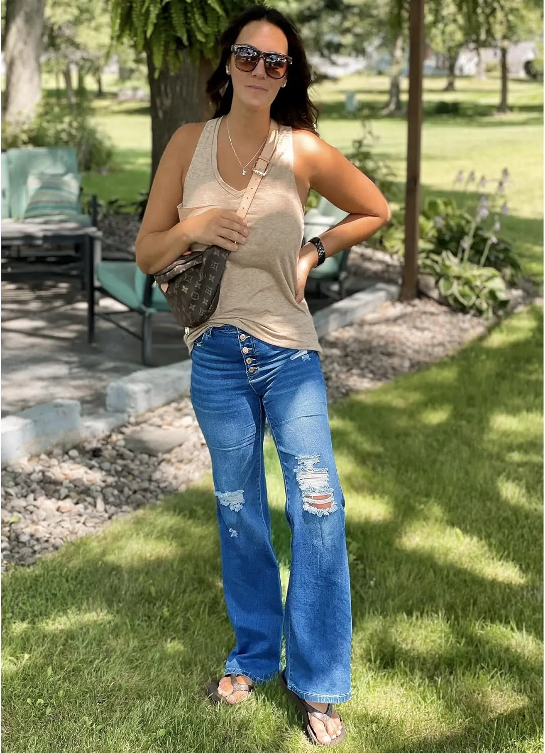 LookbookStore High Waisted Ripped Flare Jeans for Women Distressed Bell Bottom Jeans Wide Leg Pants