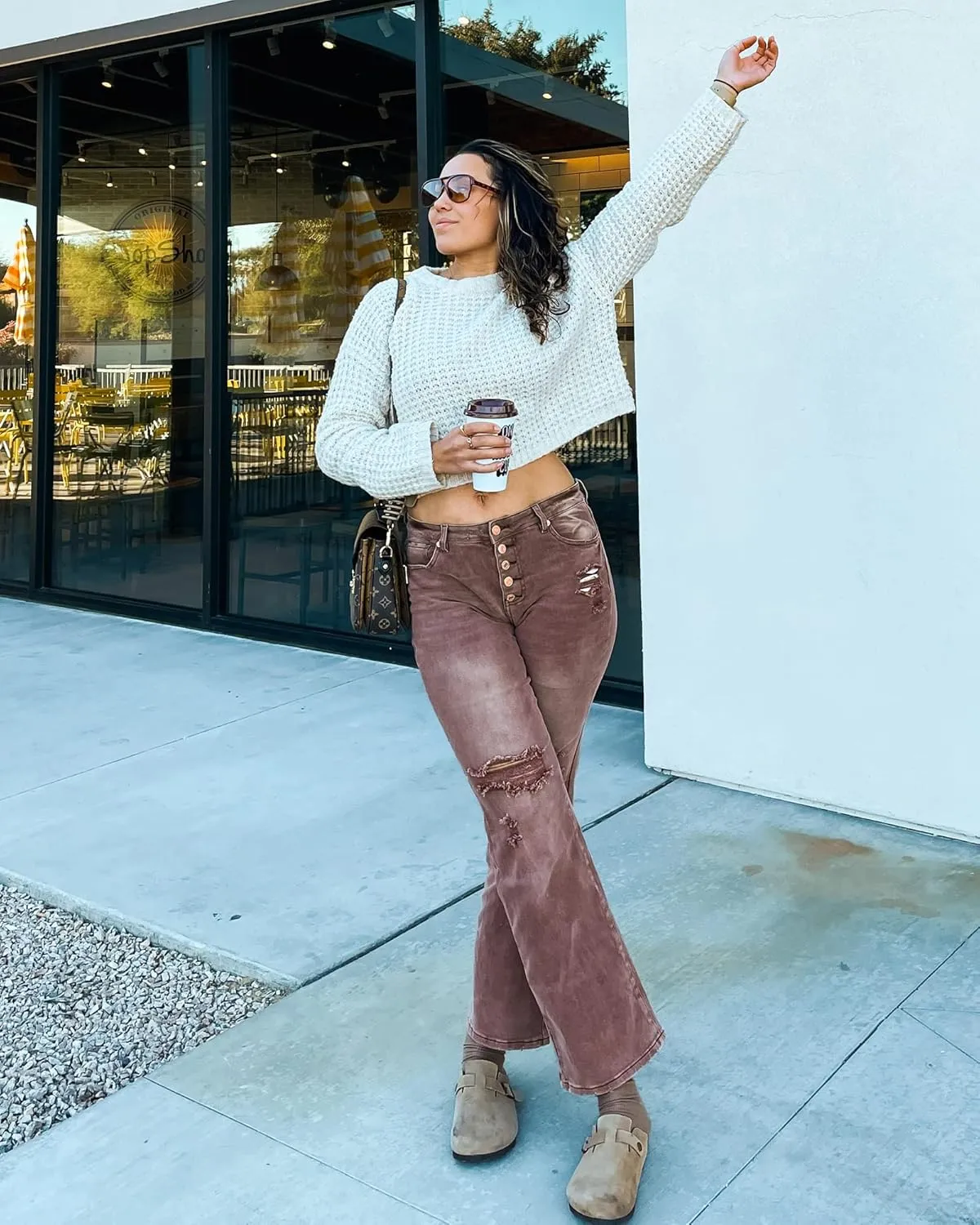 LookbookStore High Waisted Ripped Flare Jeans for Women Distressed Bell Bottom Jeans Wide Leg Pants