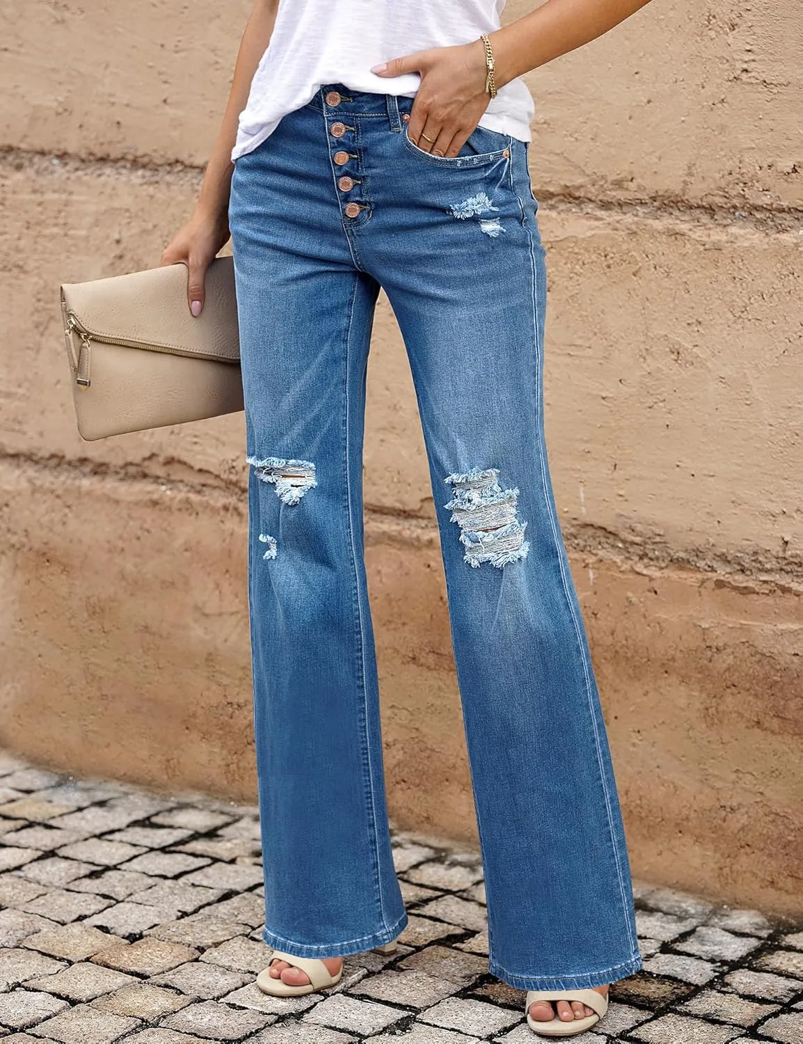 LookbookStore High Waisted Ripped Flare Jeans for Women Distressed Bell Bottom Jeans Wide Leg Pants