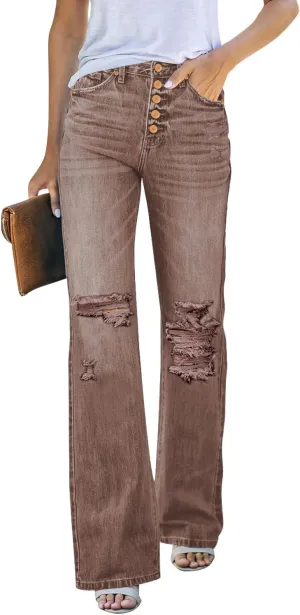 LookbookStore High Waisted Ripped Flare Jeans for Women Distressed Bell Bottom Jeans Wide Leg Pants