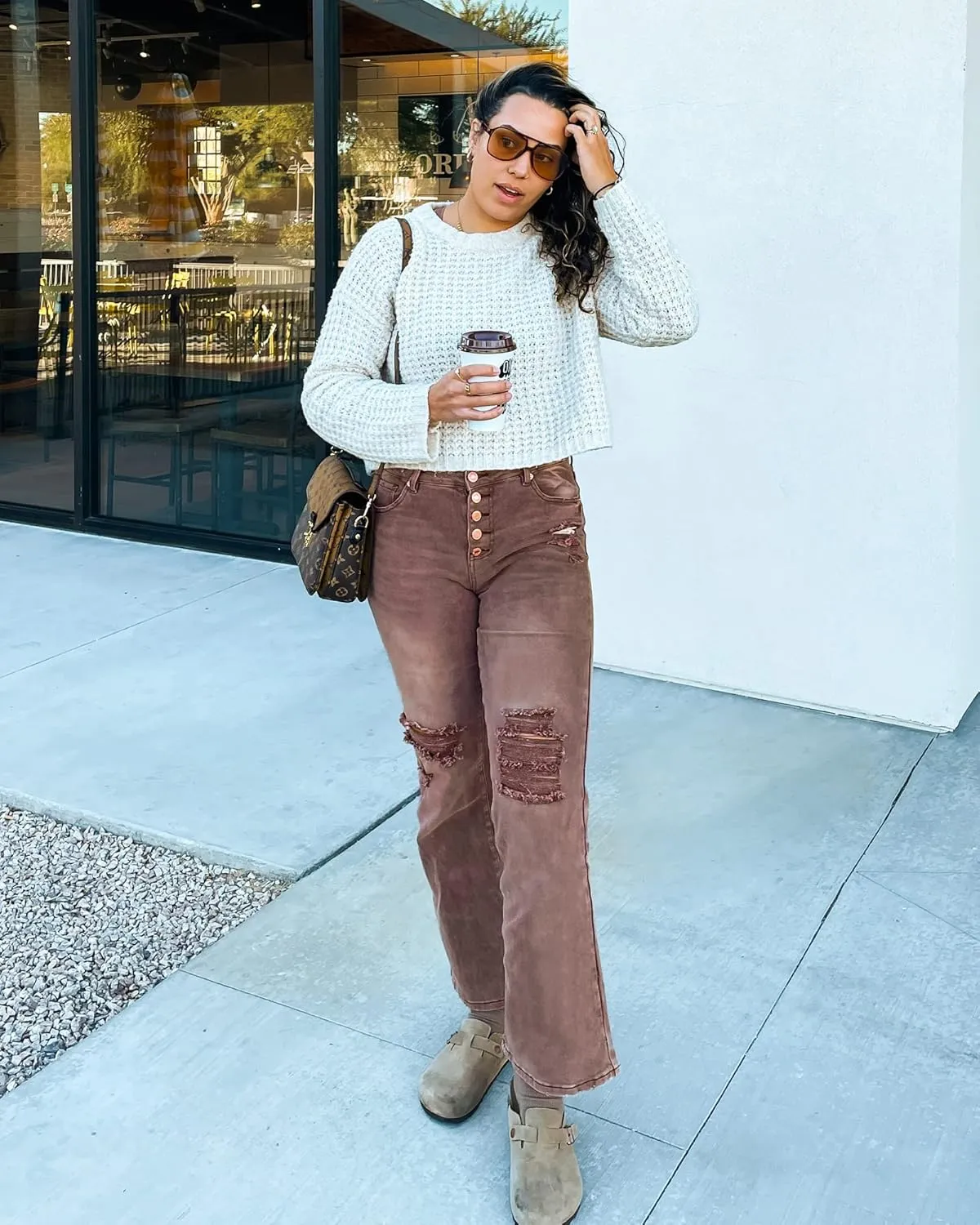 LookbookStore High Waisted Ripped Flare Jeans for Women Distressed Bell Bottom Jeans Wide Leg Pants