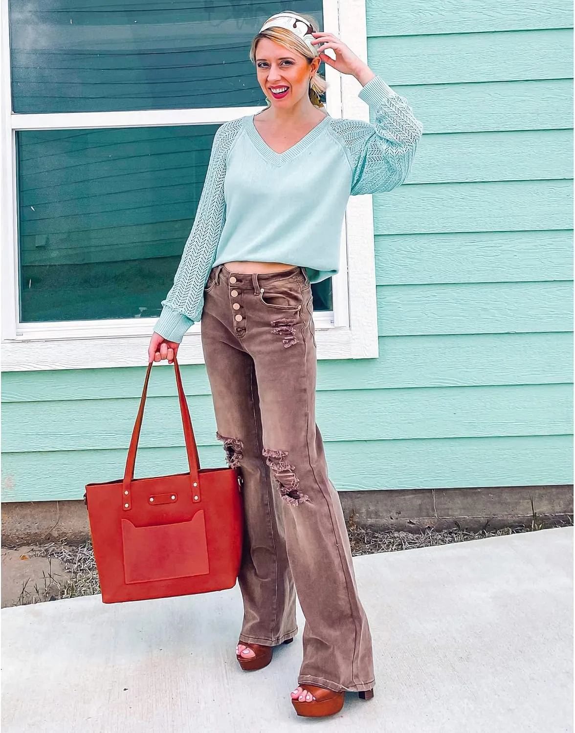 LookbookStore High Waisted Ripped Flare Jeans for Women Distressed Bell Bottom Jeans Wide Leg Pants