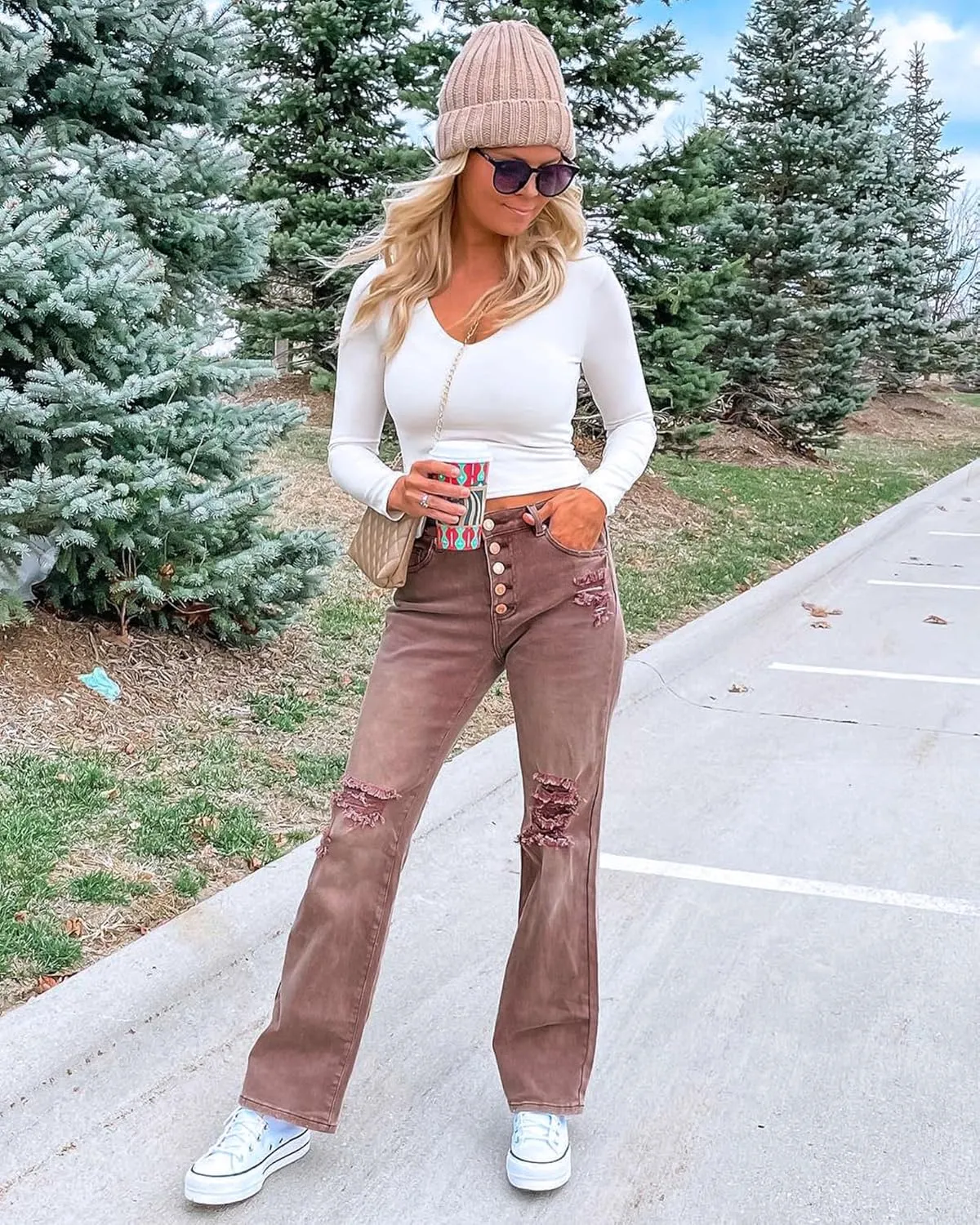 LookbookStore High Waisted Ripped Flare Jeans for Women Distressed Bell Bottom Jeans Wide Leg Pants