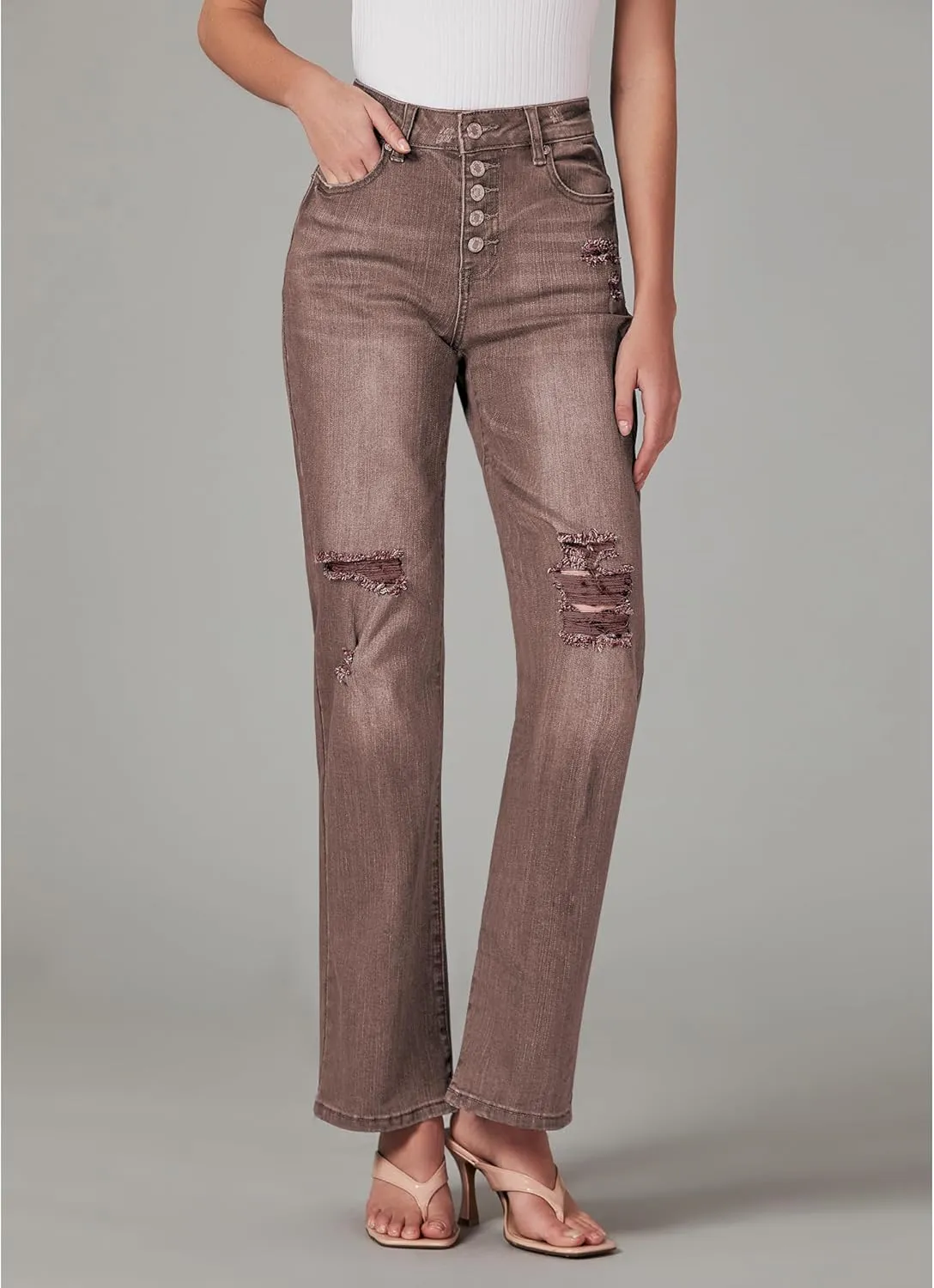 LookbookStore High Waisted Ripped Flare Jeans for Women Distressed Bell Bottom Jeans Wide Leg Pants