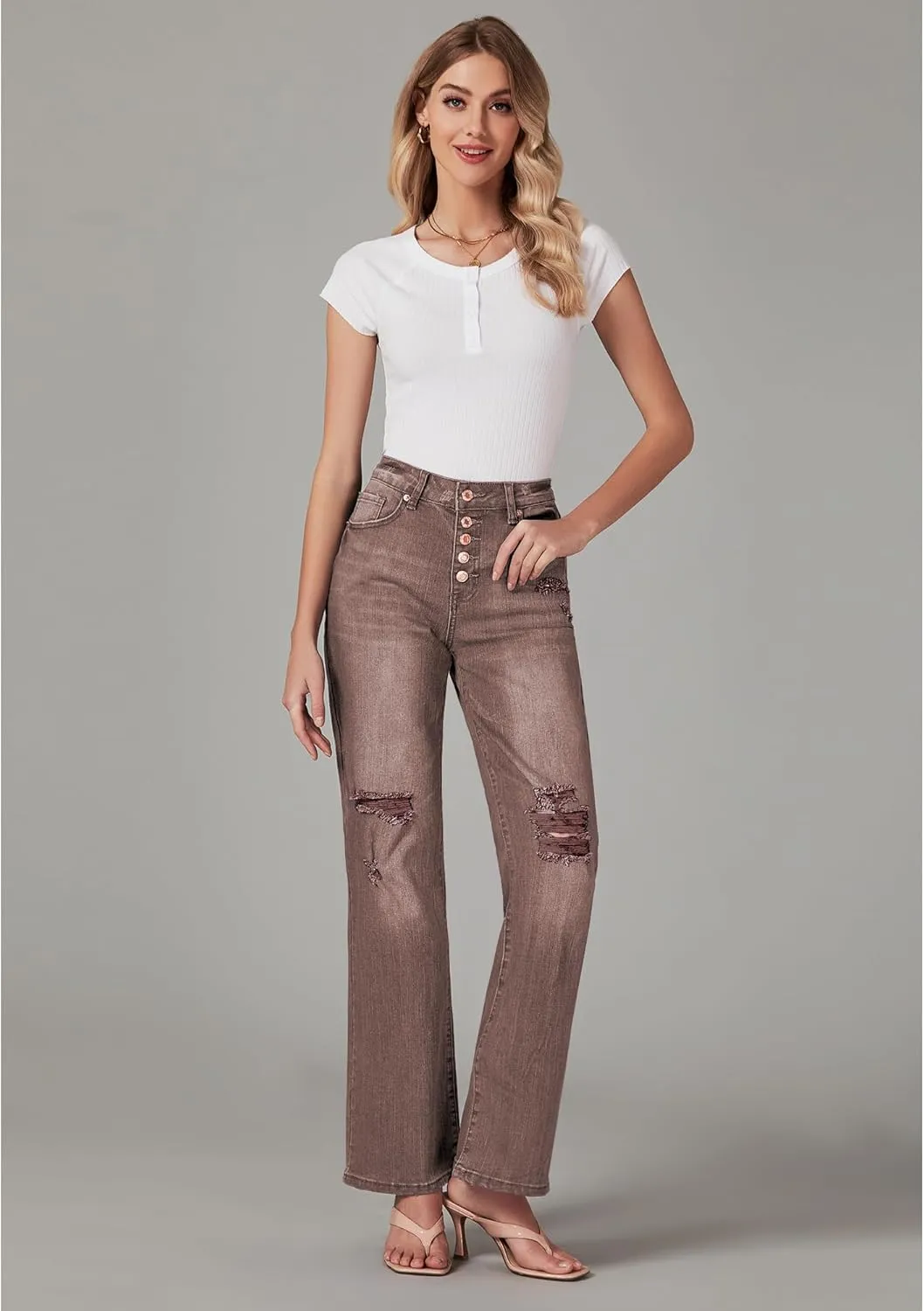 LookbookStore High Waisted Ripped Flare Jeans for Women Distressed Bell Bottom Jeans Wide Leg Pants