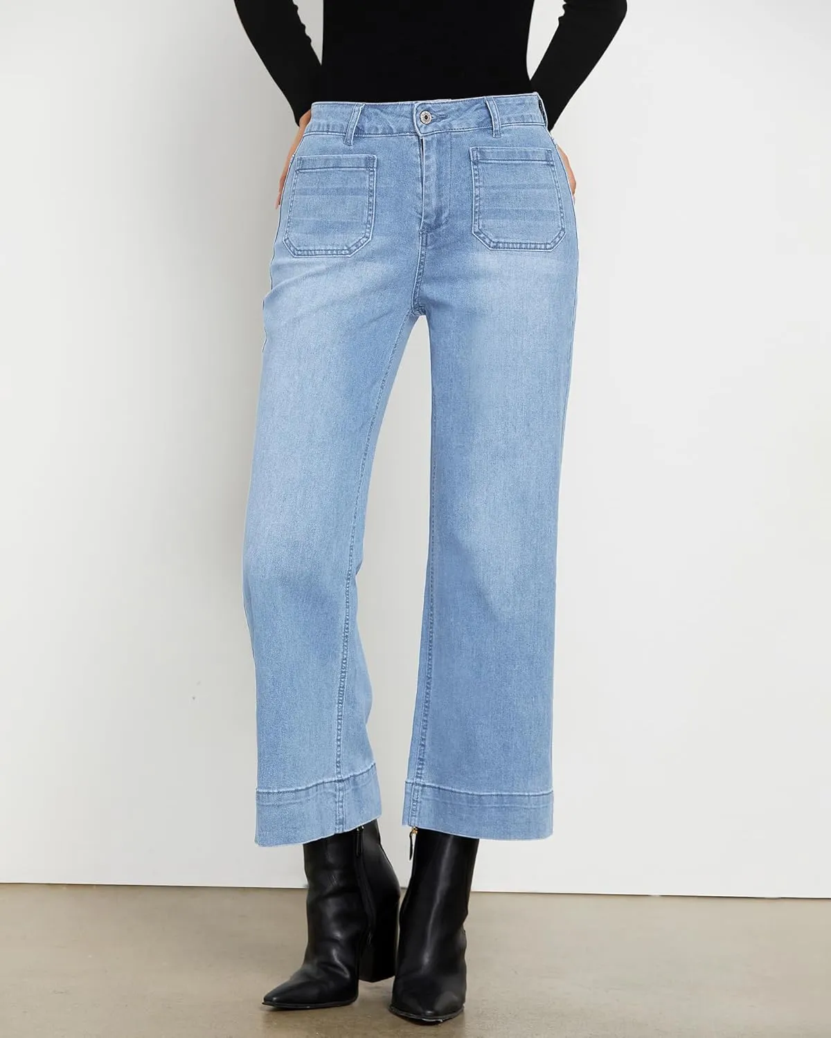 LookbookStore Wide Leg Cropped Jeans for Women High Waisted Stretchy Denim Jean Pants Baggy Flare Trouser Jeans Pockets